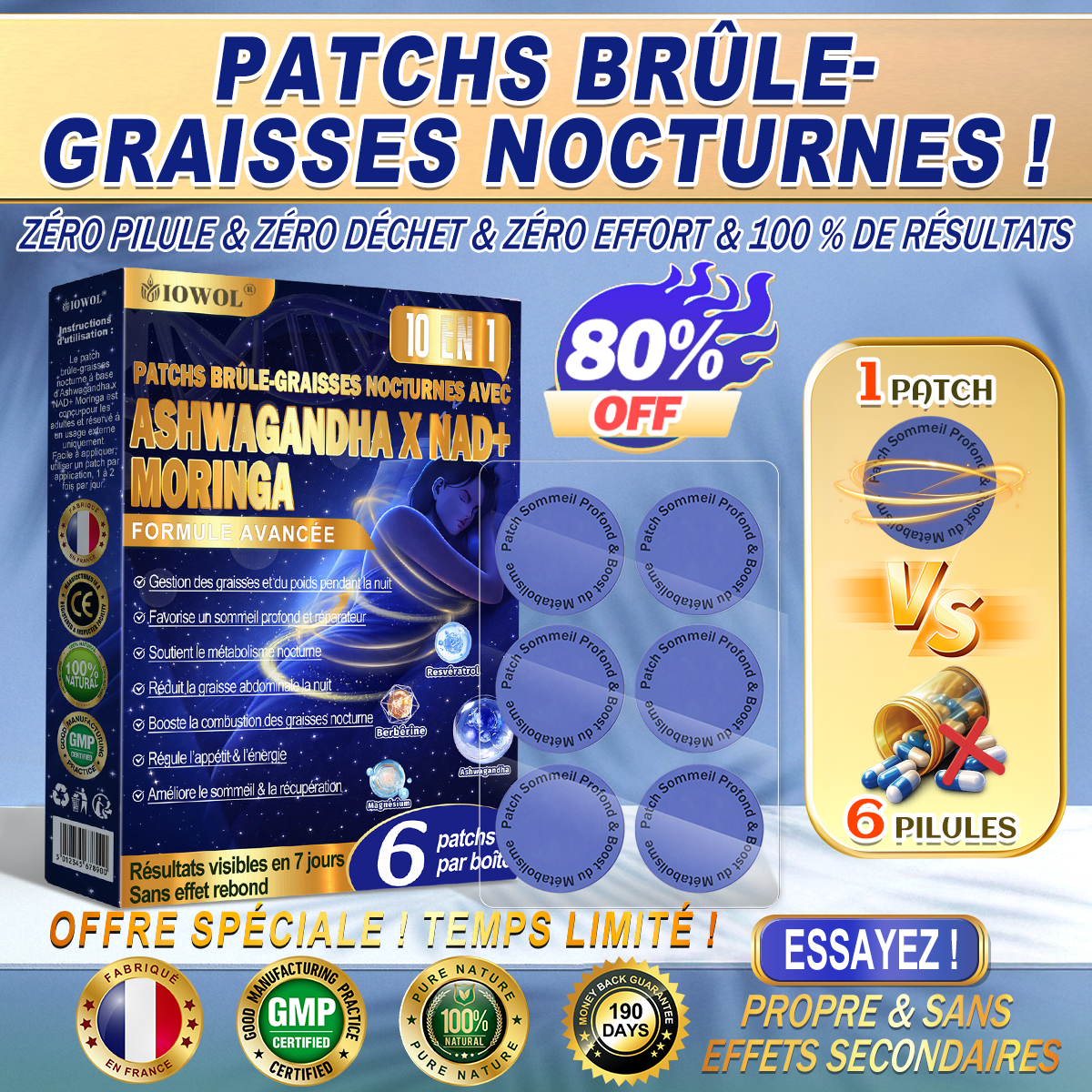 𝐈𝐎𝐖𝐎𝐋® PATCHS BRÛLE-GRAISSE NOCTURNES ! ZERO COMPRIMÉS, ZERO GASPILLAGE, ZERO EFFORT, 100 % RÉSULTATS.